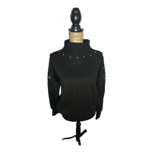 Vintage 80's Meister Large Black Wool Blend Silver Star Studded Sweater Turtlnec - Picture 2 of 12
